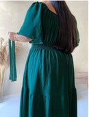 Vestido Longo Verde Esmeralda, com botões funcionais